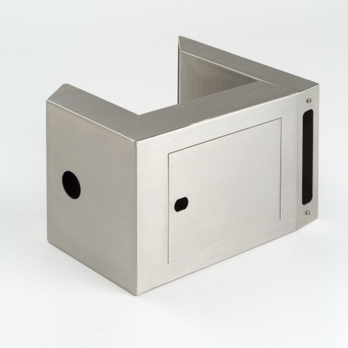 Ansicht von hinten von seitlich liegendem Edelstahl-Gehäuse (Schweißbaugruppe) für Spirituosenportionieranlage