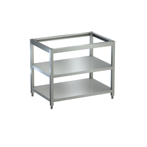Rendering von Arbeitstisch in Edelstahl mit vier Füßen mit Boden- und Zwischenboard, jeweils fix verschweißt