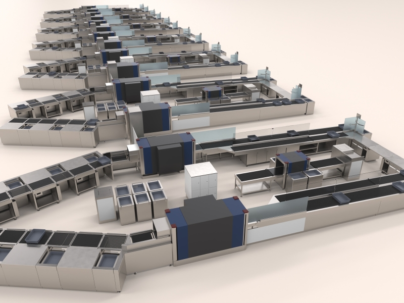 Gesamt-Aufnahme von Metagro-Projektumfang für Sicherheitskontrolle am Flughafen Wien (exklusive bauseitiger Röntengeräte); inklusive Edelstahl-Möbel (CNS) für Nachkontrolle